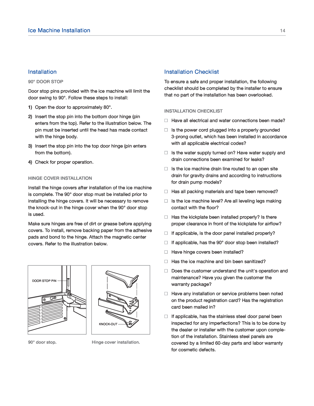 Sub-Zero UC15IO manual Installation Checklist, Door Stop, Hinge Cover Installation, Ice Machine Installation 