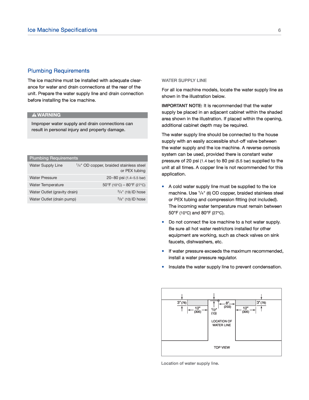 Sub-Zero UC15IO manual Plumbing Requirements, Water Supply Line, Ice Machine Specifications 