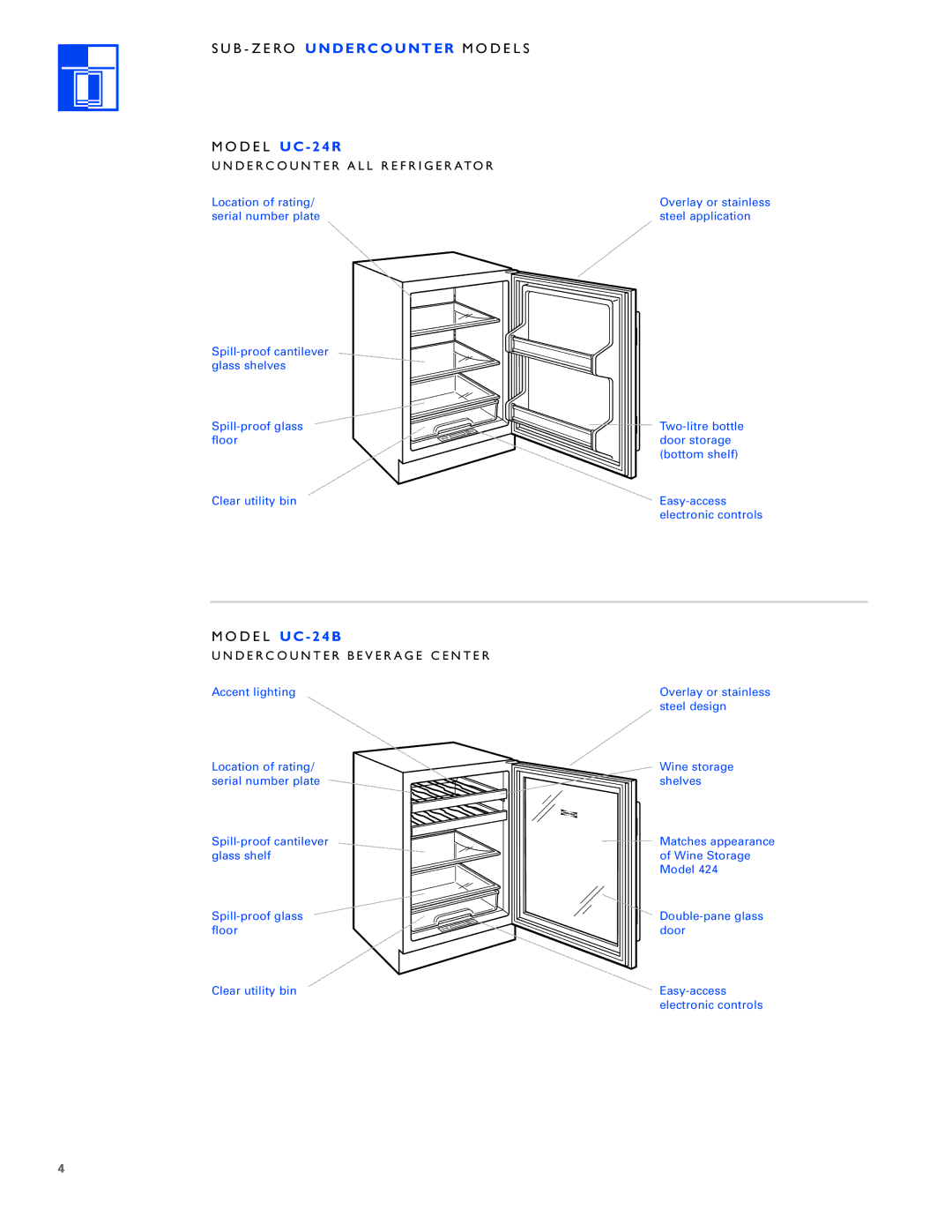 Sub-Zero Undercounter Refrigeration manual B Z E RO Undercounter M O D E L S, D E L UC-24R, D E L UC-24B 