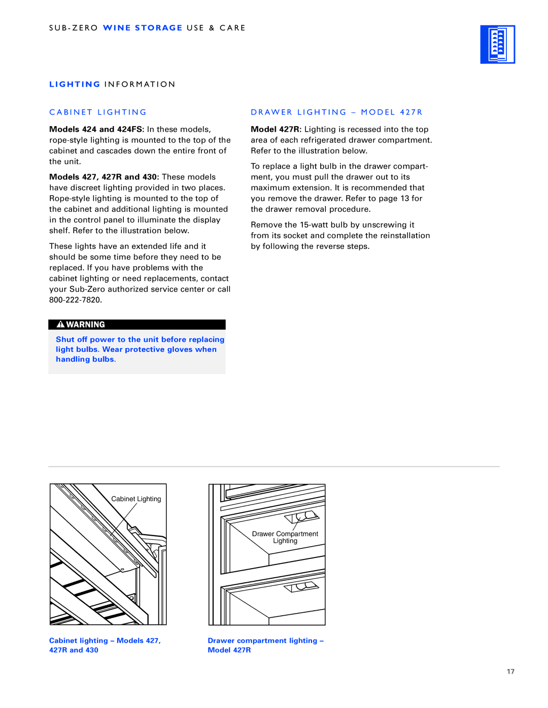 Sub-Zero WINE STORAGE manual B I N E T L I G H T I N G, AW E R L I G H T I N G M O D E L 4 2 7 R 