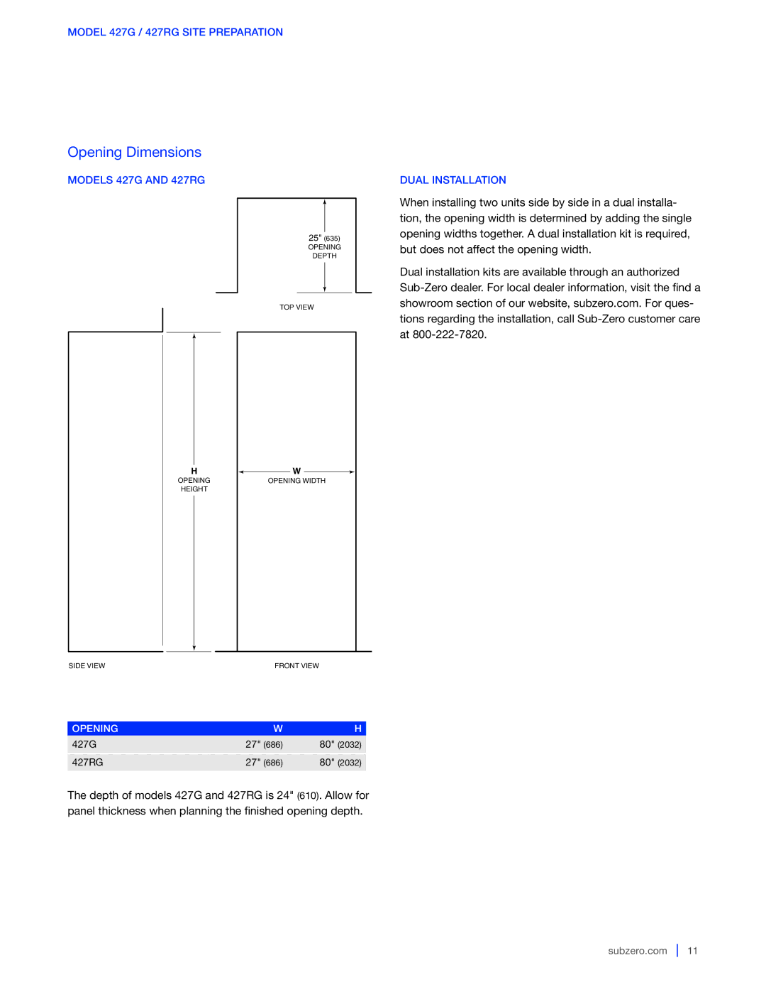 Sub-Zero 424G / 424FSG, WS-30 manual Model 427G / 427RG Site Preparation, Models 427G and 427RG, Opening 