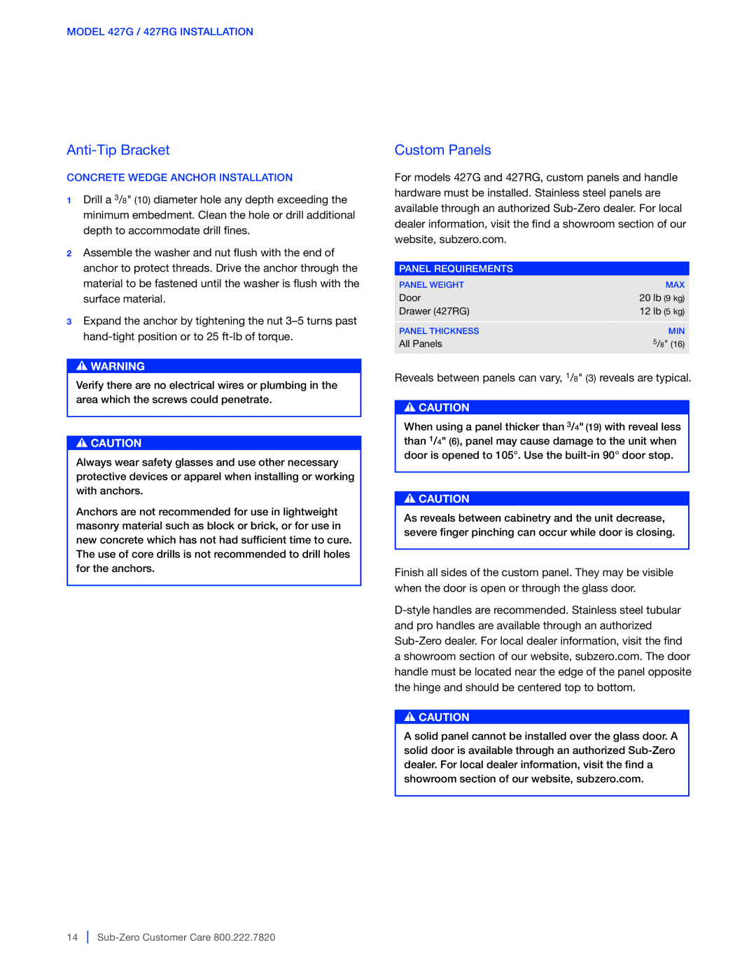 Sub-Zero 424G / 424FSG, WS-30 manual Custom Panels, Model 427G / 427RG Installation, Concrete Wedge Anchor Installation 