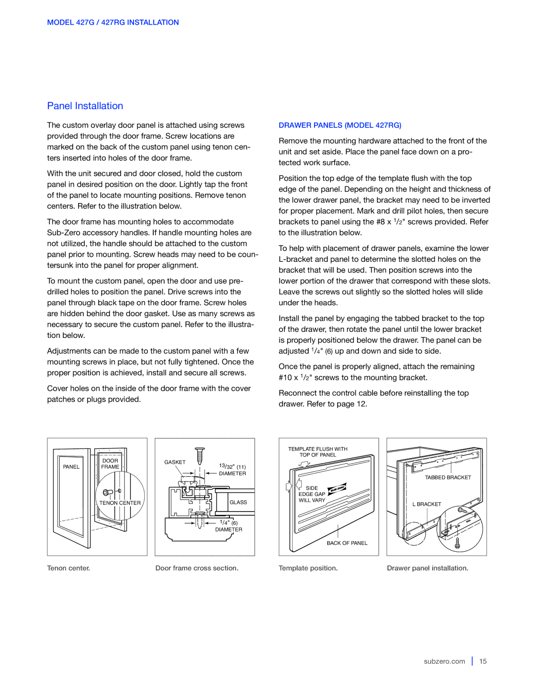 Sub-Zero WS-30, 427G / 427RG, 424G / 424FSG manual Panel Installation, Drawer Panels Model 427RG 