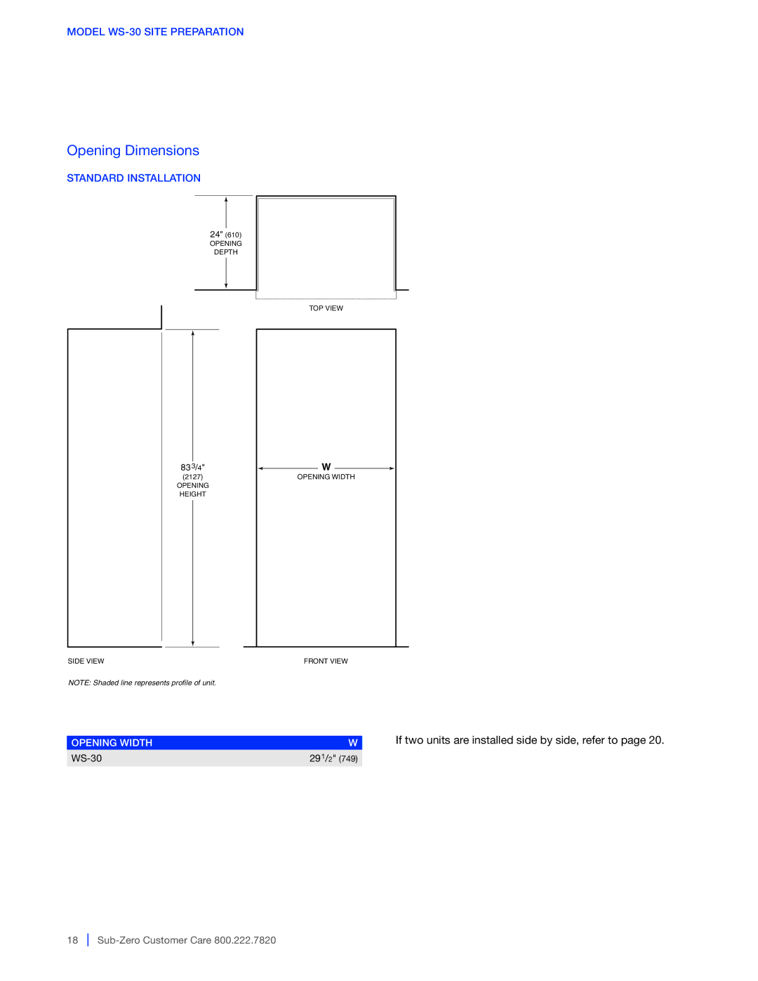 Sub-Zero 427G / 427RG, 424G / 424FSG manual Model WS-30 Site Preparation, Standard Installation 