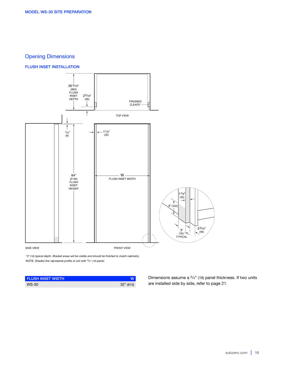 Sub-Zero 427G / 427RG, WS-30, 424G / 424FSG manual Flush Inset Installation, Flush Inset Width 