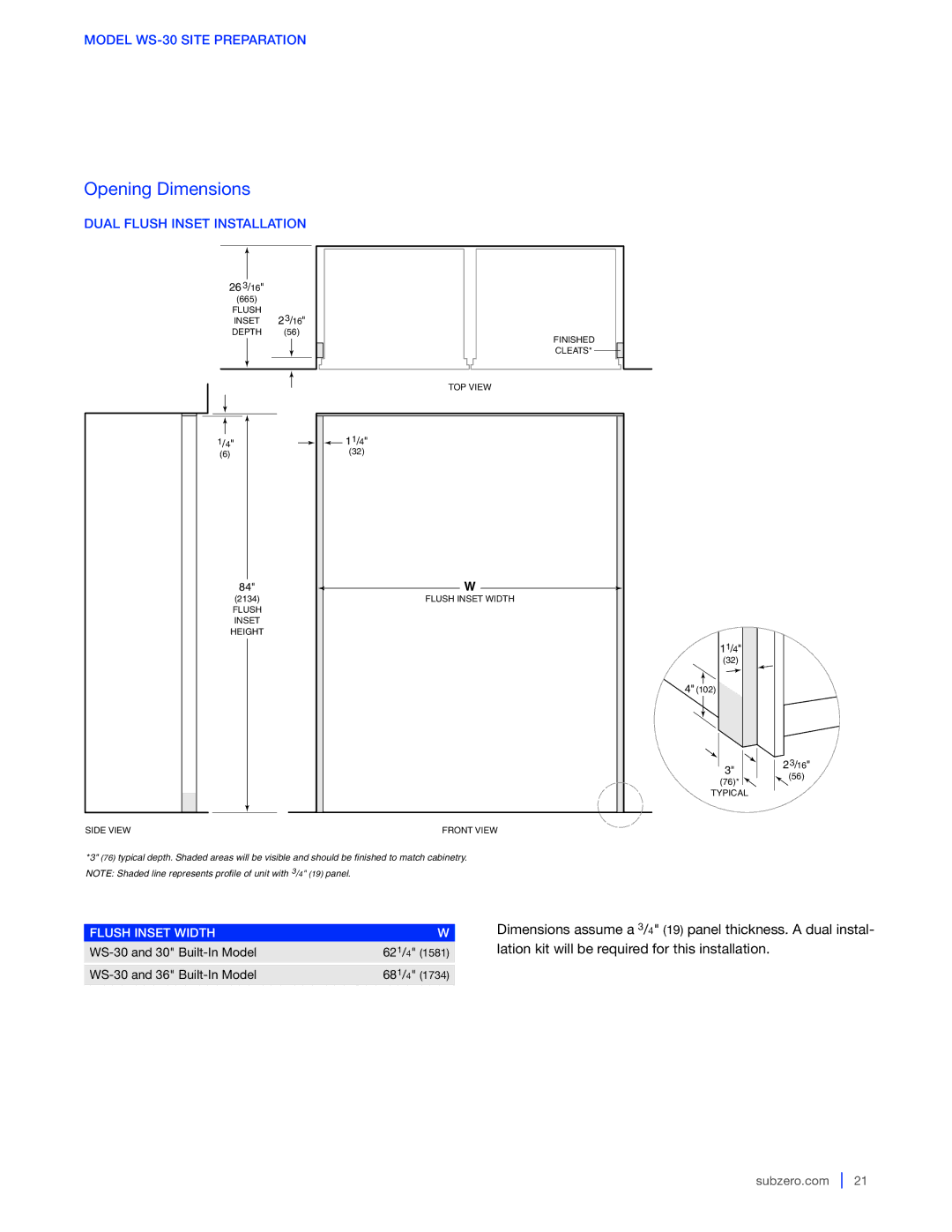 Sub-Zero WS-30, 427G / 427RG, 424G / 424FSG manual Dual Flush Inset Installation 