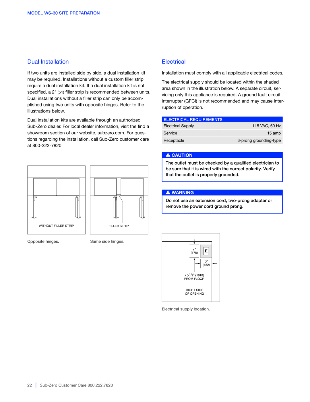 Sub-Zero 427G / 427RG, WS-30, 424G / 424FSG manual Dual Installation, Electrical 