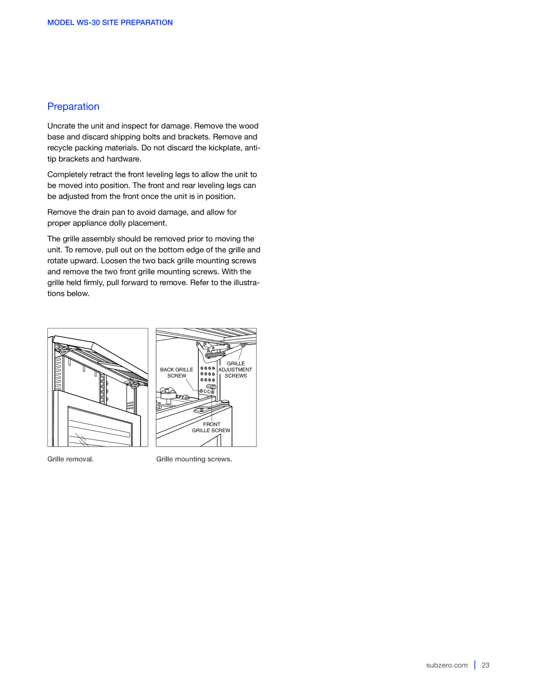 Sub-Zero 424G / 424FSG, WS-30, 427G / 427RG manual Grille removal Grille mounting screws Subzero.com 