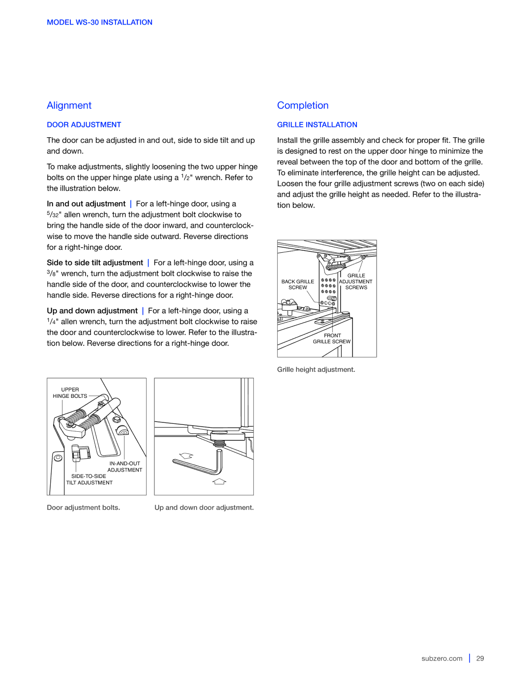 Sub-Zero 424G / 424FSG, WS-30, 427G / 427RG manual Door Adjustment, Grille Installation 