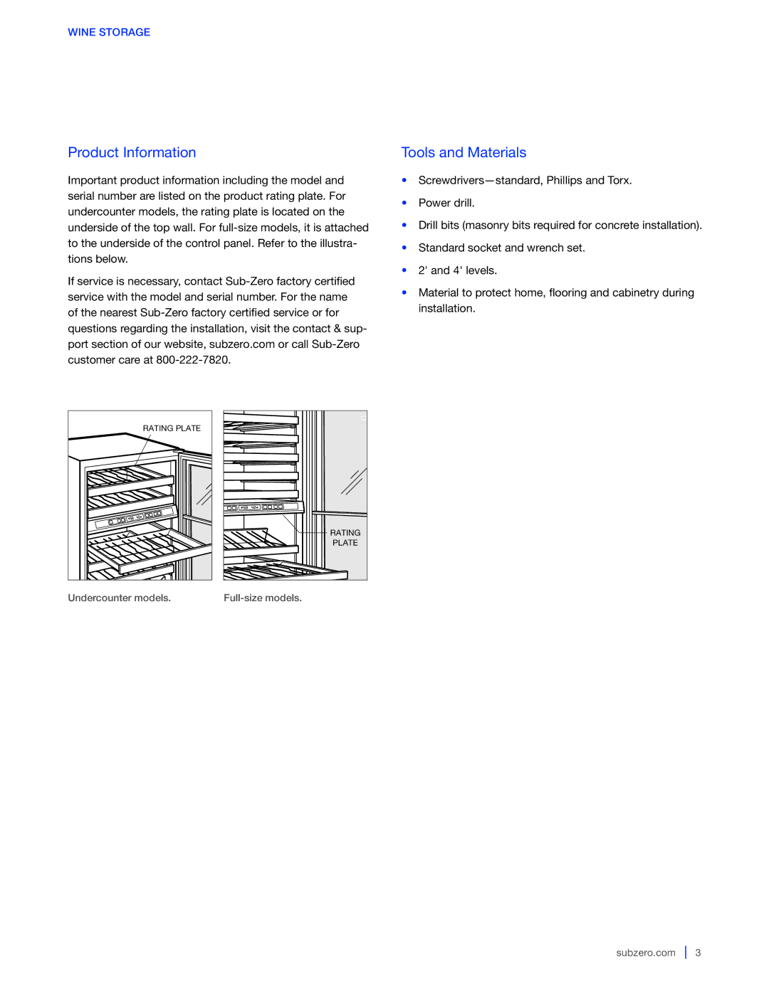 Sub-Zero WS-30, 427G / 427RG, 424G / 424FSG manual Product Information, Tools and Materials 