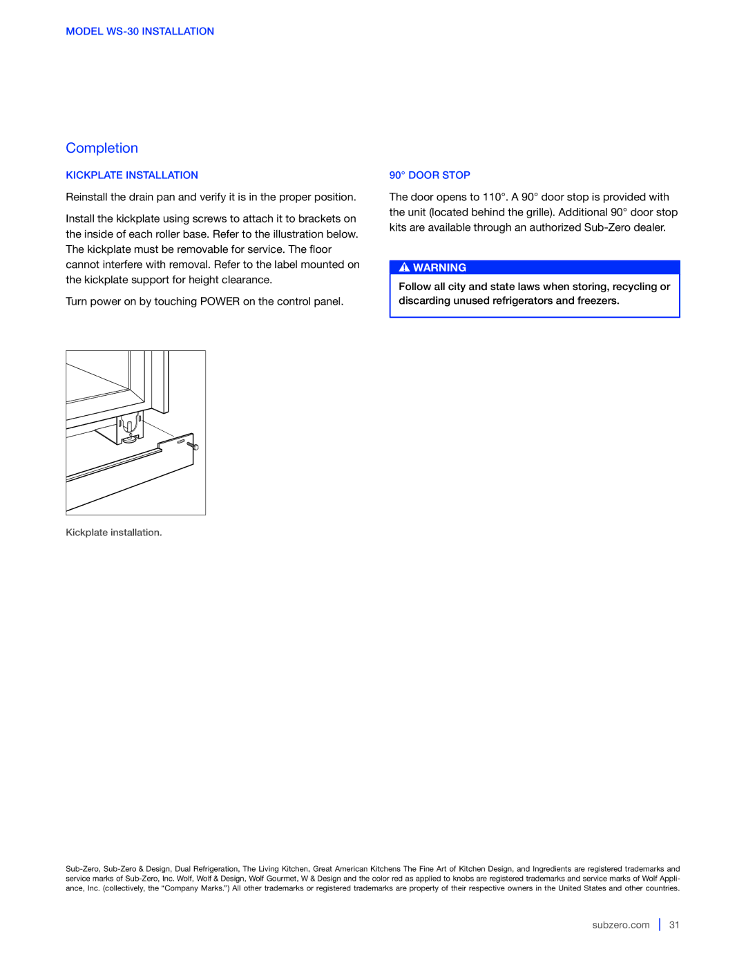 Sub-Zero 427G / 427RG, WS-30, 424G / 424FSG manual Kickplate installation 