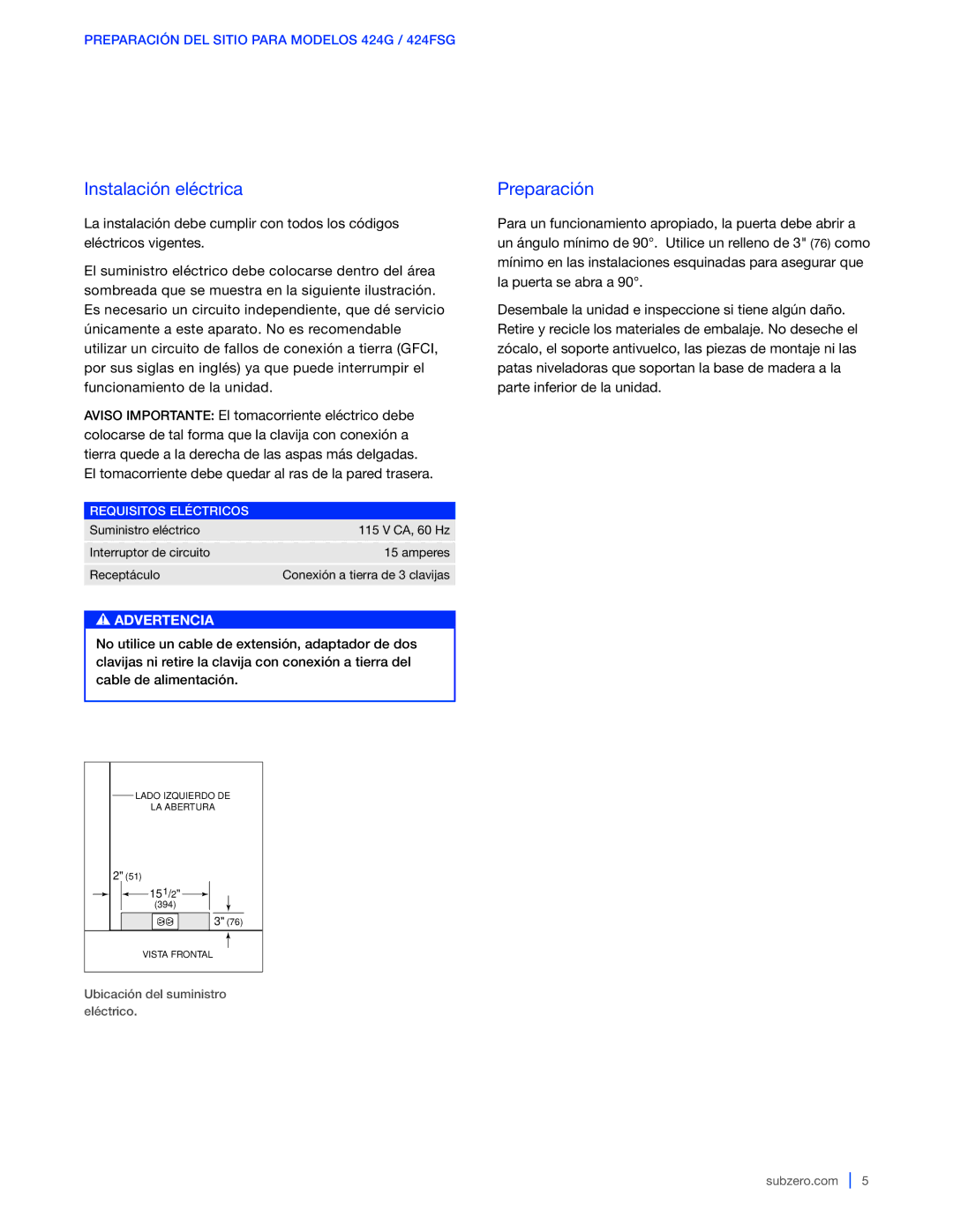 Sub-Zero 424G / 424FSG, WS-30, 427G / 427RG manual Instalación eléctrica, Preparación, Requisitos Eléctricos 
