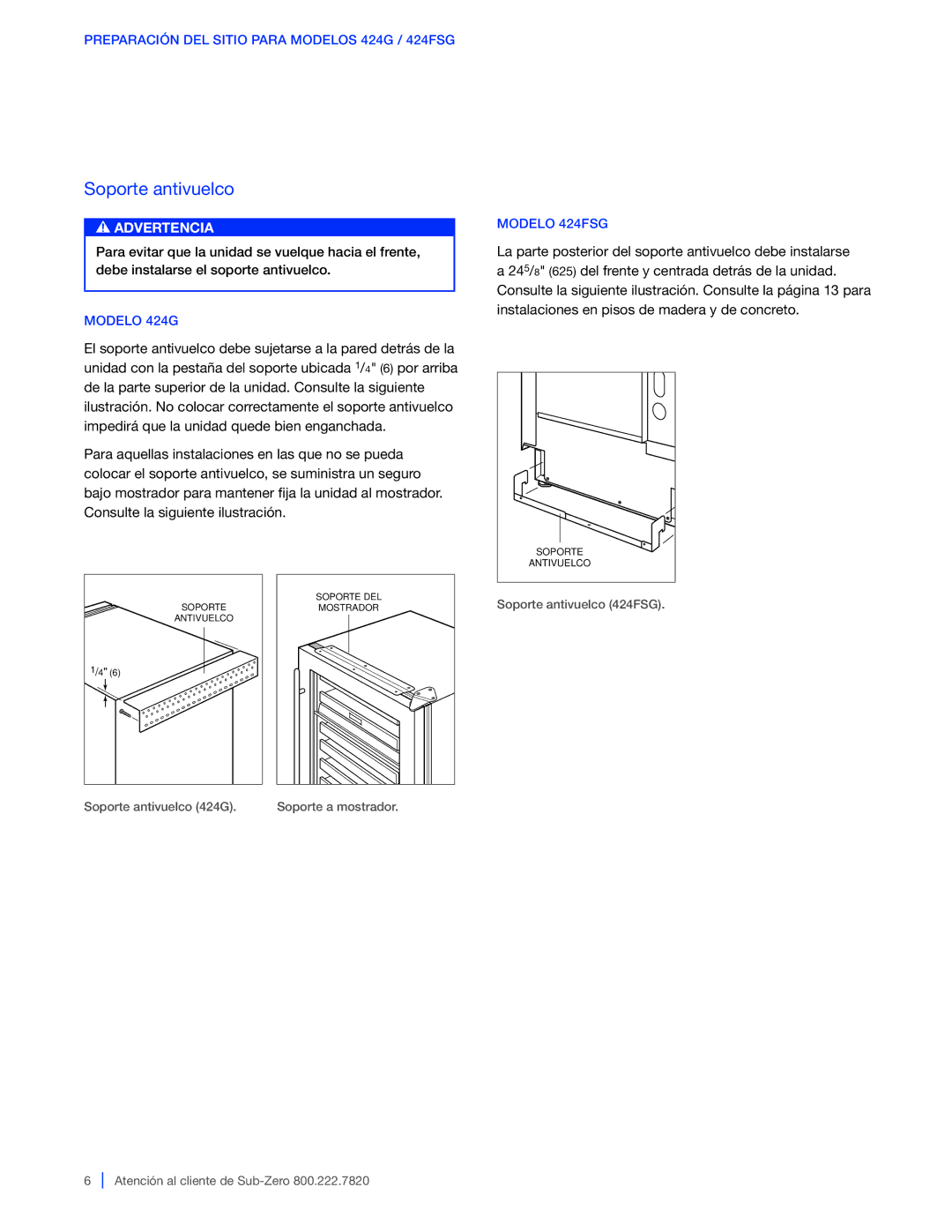 Sub-Zero WS-30, 427G / 427RG, 424G / 424FSG manual Soporte antivuelco, Modelo 424G, Modelo 424FSG 