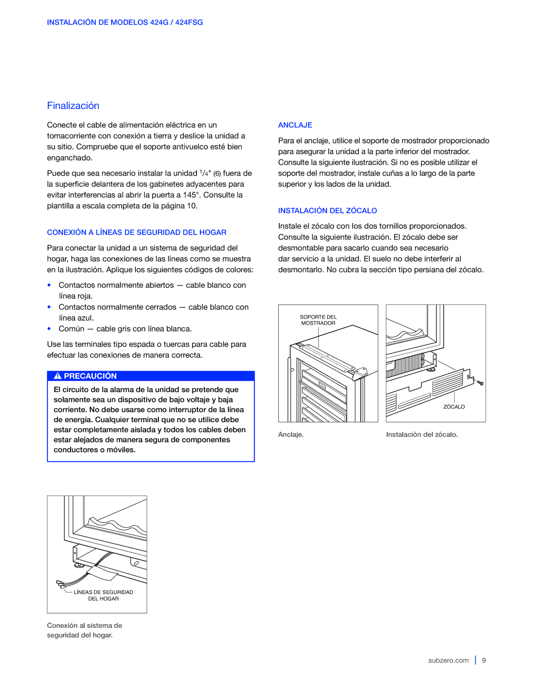 Sub-Zero WS-30, 427G / 427RG manual Finalización, Conexión a Líneas DE Seguridad DEL Hogar, Anclaje, Instalación DEL Zócalo 