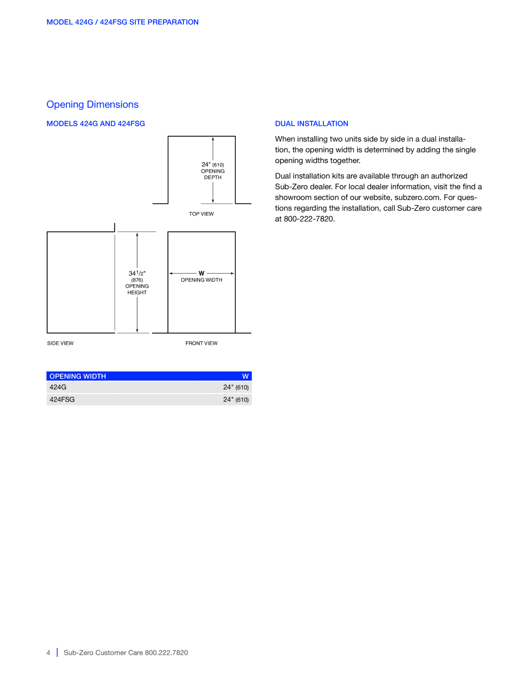 Sub-Zero 427G / 427RG Opening Dimensions, Model 424G / 424FSG Site Preparation, Models 424G and 424FSG, Dual Installation 