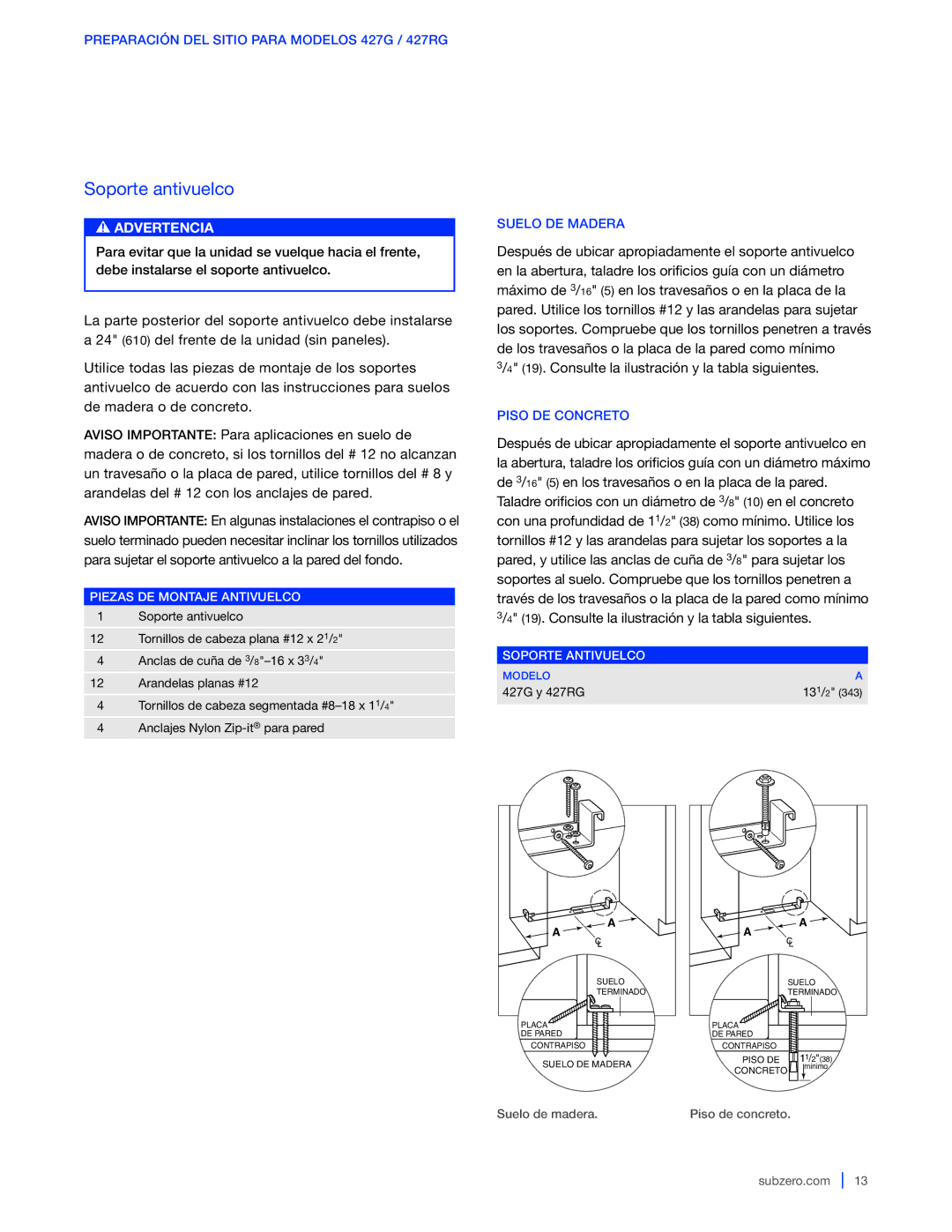 Sub-Zero 427G / 427RG, WS-30 manual Piezas DE Montaje Antivuelco, Suelo DE Madera, Piso DE Concreto, Soporte Antivuelco 