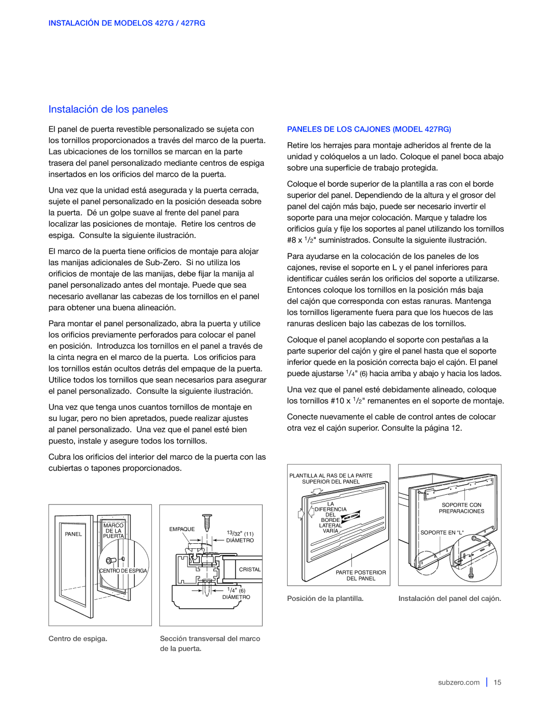 Sub-Zero WS-30, 427G / 427RG, 424G / 424FSG manual Instalación de los paneles, Paneles DE LOS Cajones Model 427RG 