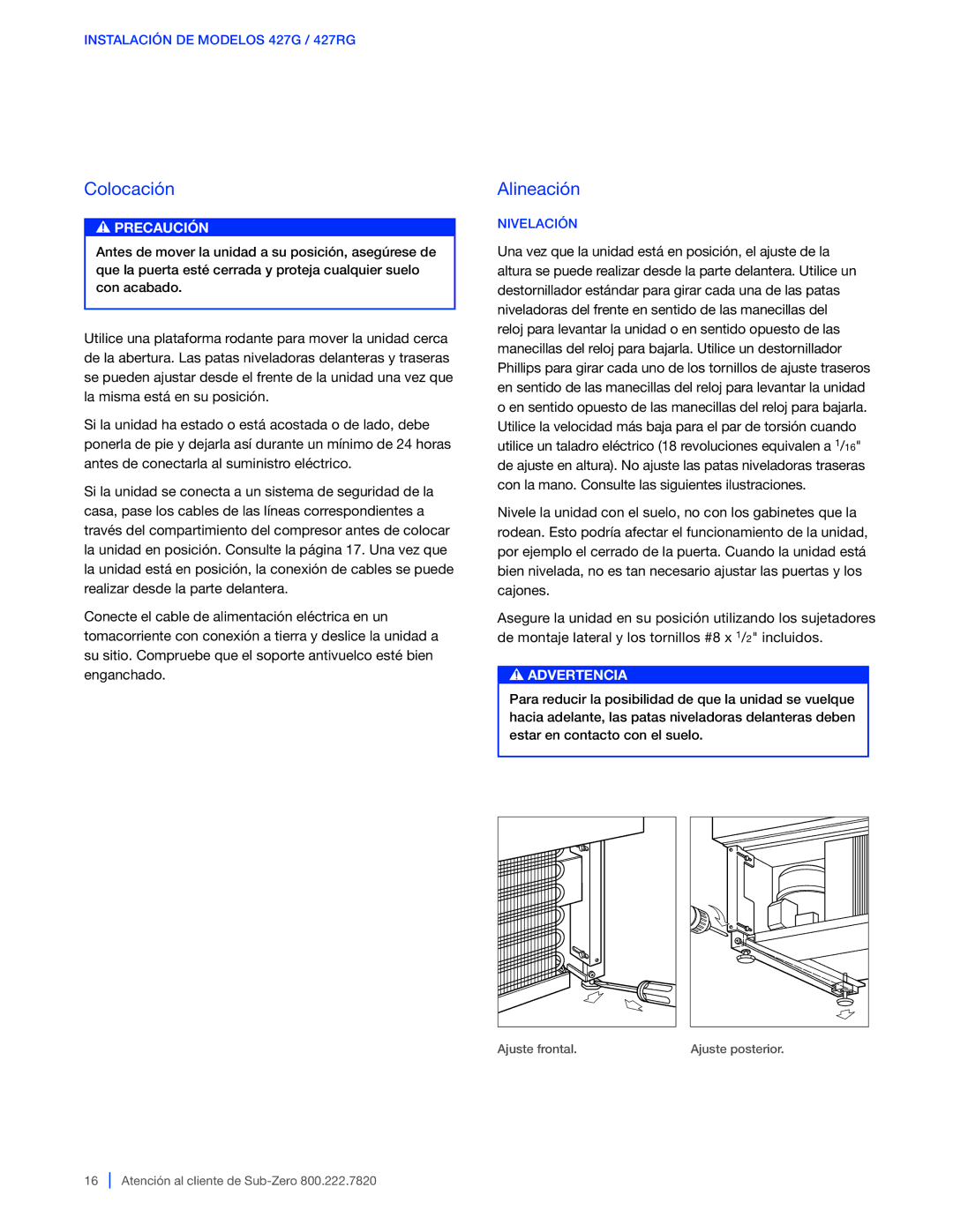 Sub-Zero 427G / 427RG, WS-30, 424G / 424FSG manual Colocación 