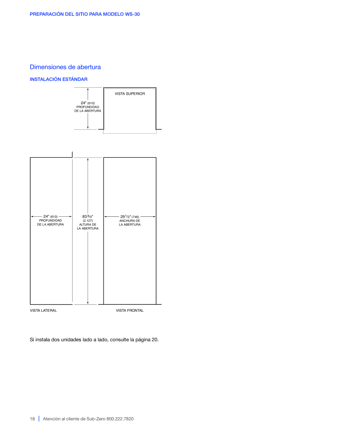 Sub-Zero 427G / 427RG, 424G / 424FSG manual Preparación DEL Sitio Para Modelo WS-30, Instalación Estándar 