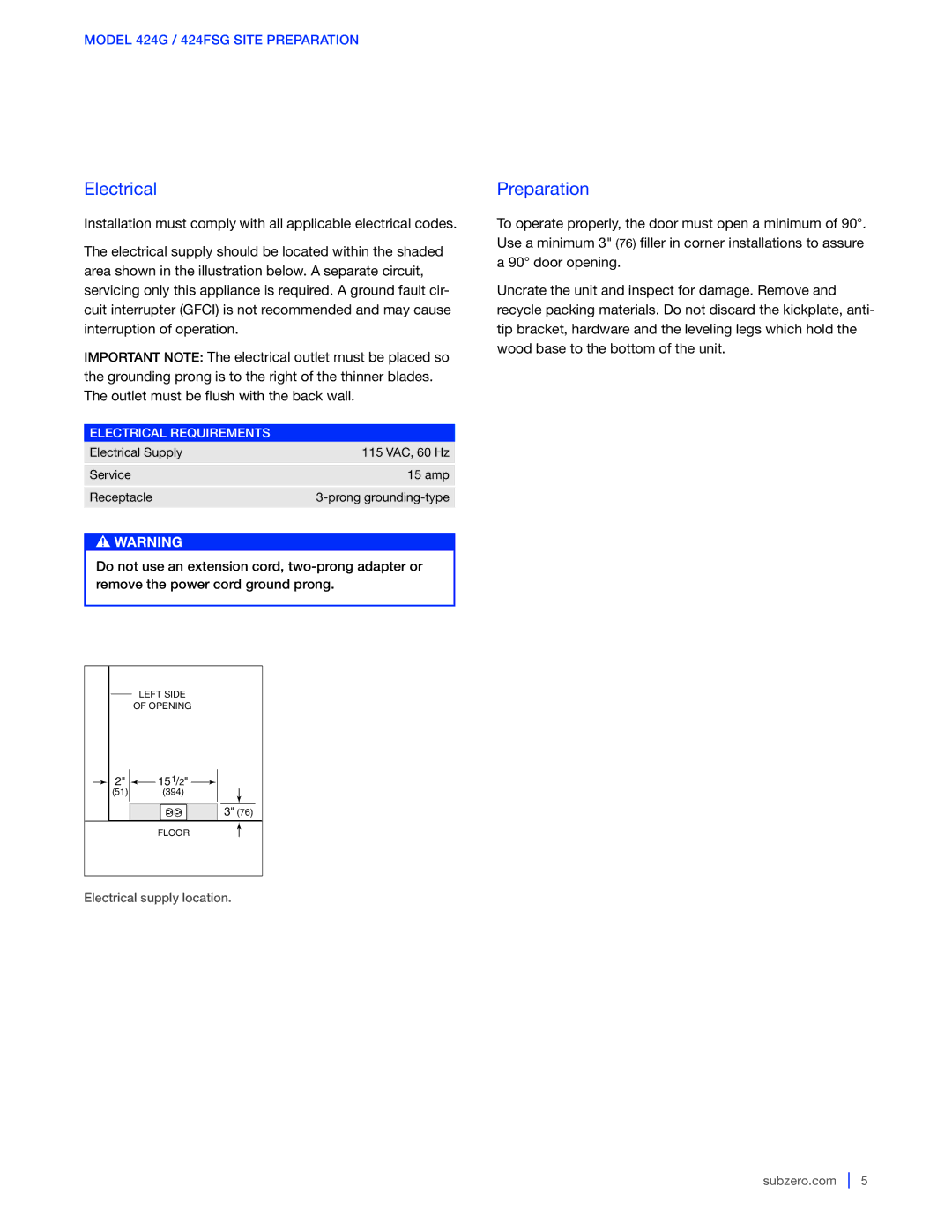 Sub-Zero 424G / 424FSG, WS-30, 427G / 427RG manual Preparation, Electrical Requirements 