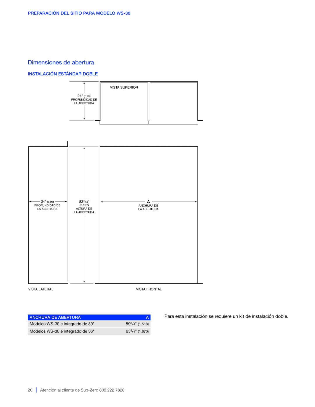 Sub-Zero 424G / 424FSG, WS-30, 427G / 427RG manual Instalación Estándar Doble, Anchura DE Abertura 
