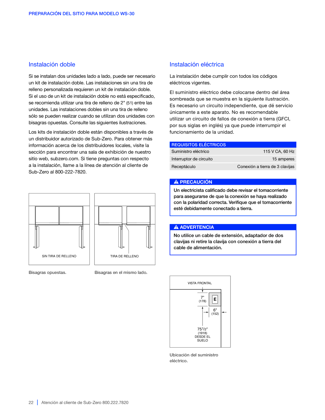 Sub-Zero 427G / 427RG, WS-30, 424G / 424FSG manual Instalación doble, Instalación eléctrica 