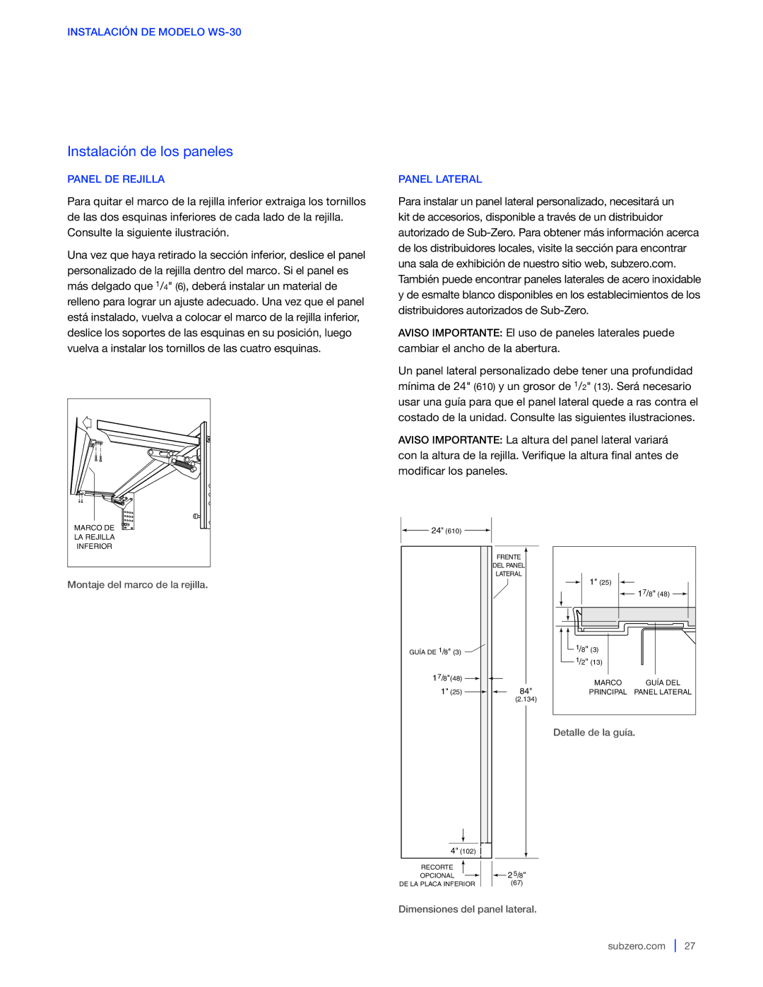 Sub-Zero WS-30, 427G / 427RG, 424G / 424FSG manual Panel DE Rejilla, Panel Lateral 