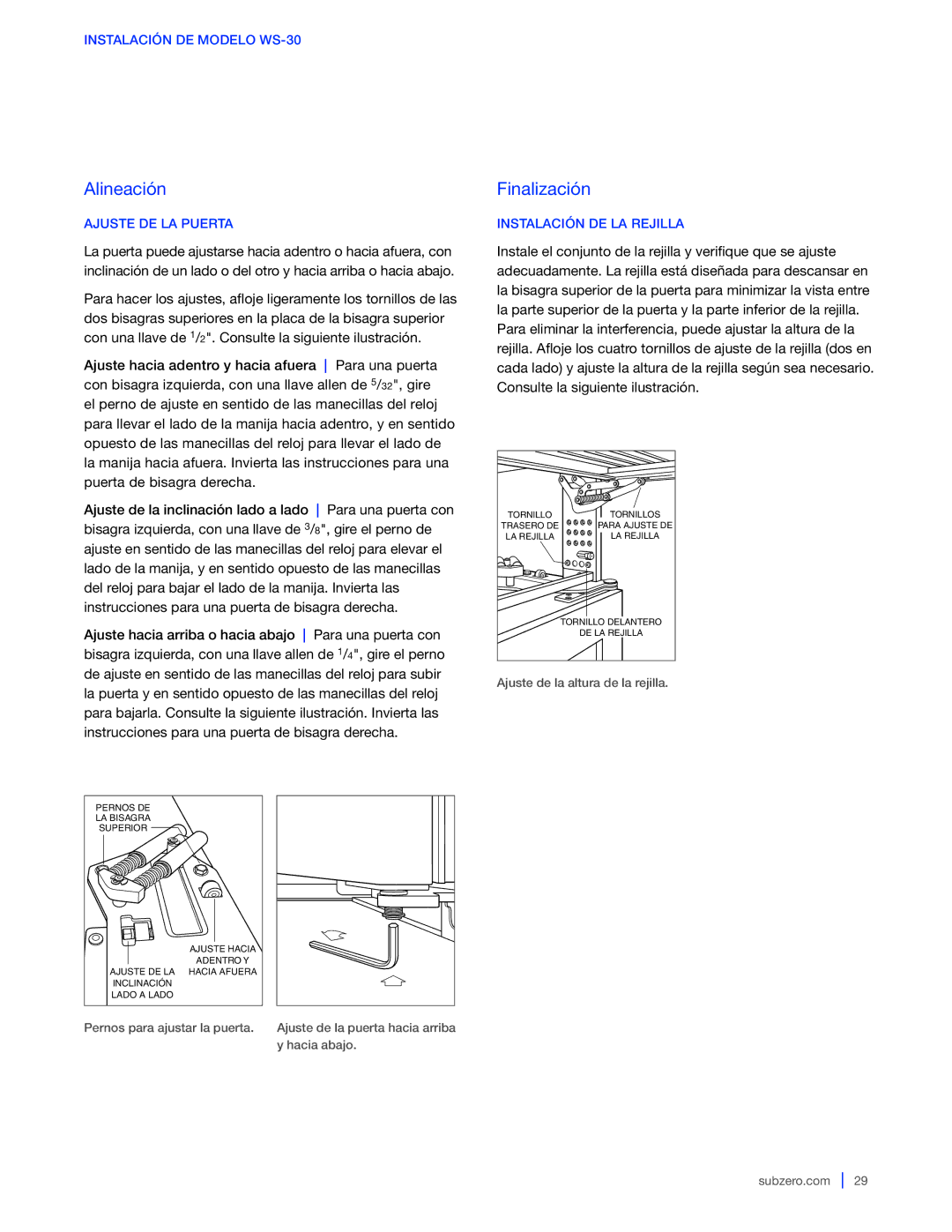 Sub-Zero 424G / 424FSG, WS-30, 427G / 427RG manual Ajuste DE LA Puerta, Instalación DE LA Rejilla 