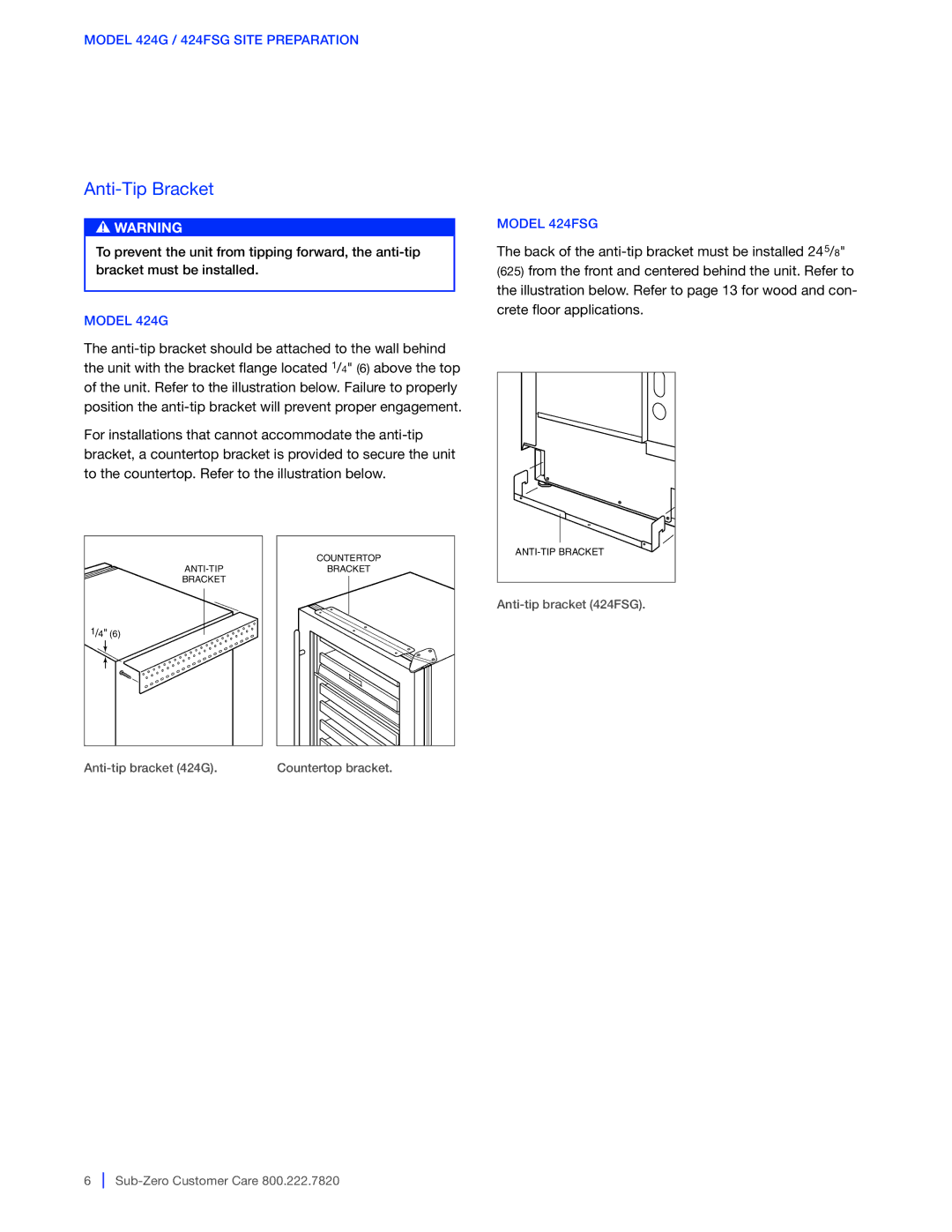 Sub-Zero WS-30, 427G / 427RG, 424G / 424FSG manual Anti-Tip Bracket, Model 424G, Model 424FSG 