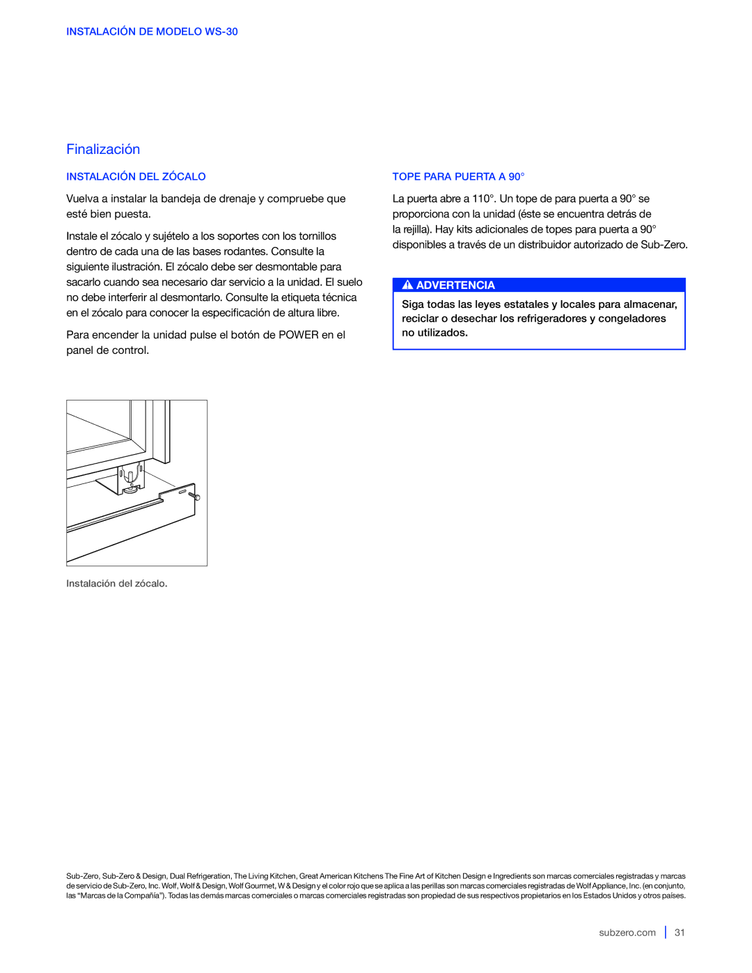 Sub-Zero 427G / 427RG, WS-30, 424G / 424FSG manual Advertencia 