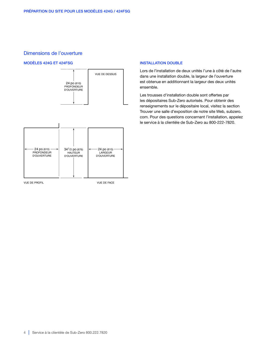 Sub-Zero 427G / 427RG Dimensions de l’ouverture, Prépartion DU Site Pour LES Modèles 424G / 424FSG, Modèles 424G ET 424FSG 