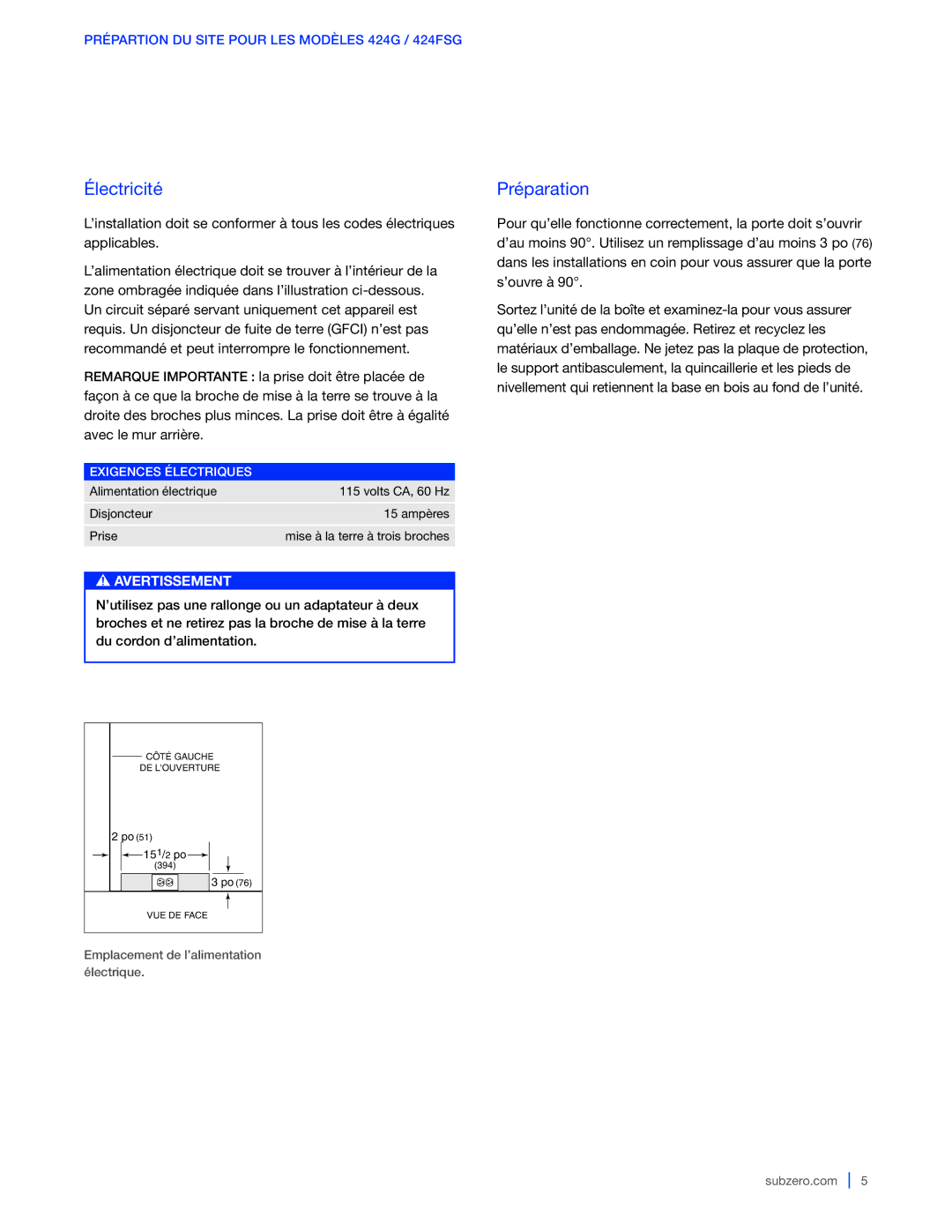 Sub-Zero 424G / 424FSG, WS-30, 427G / 427RG manual Électricité, Préparation, Exigences Électriques 