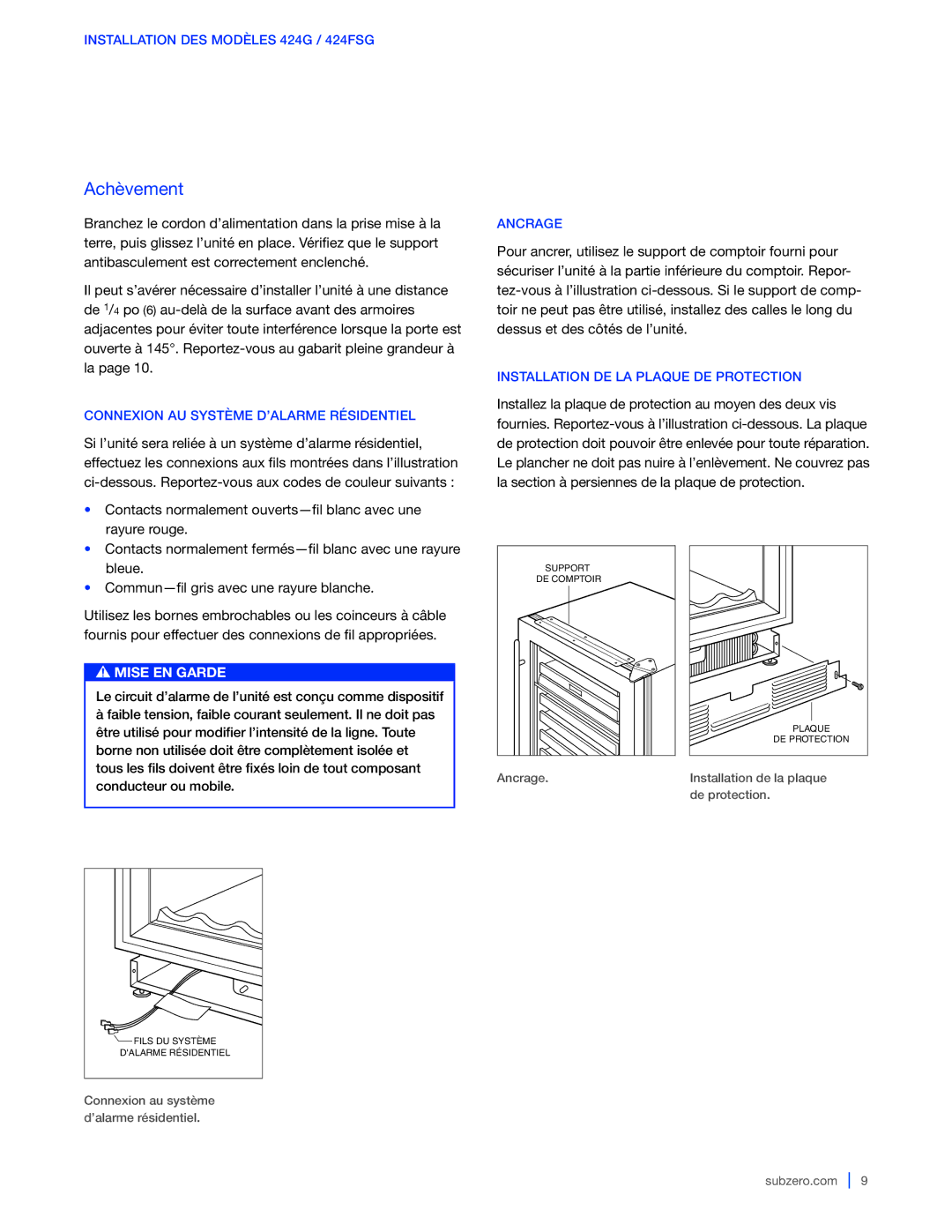 Sub-Zero WS-30 Achèvement, Connexion AU Système D’ALARME Résidentiel, Ancrage, Installation DE LA Plaque DE Protection 