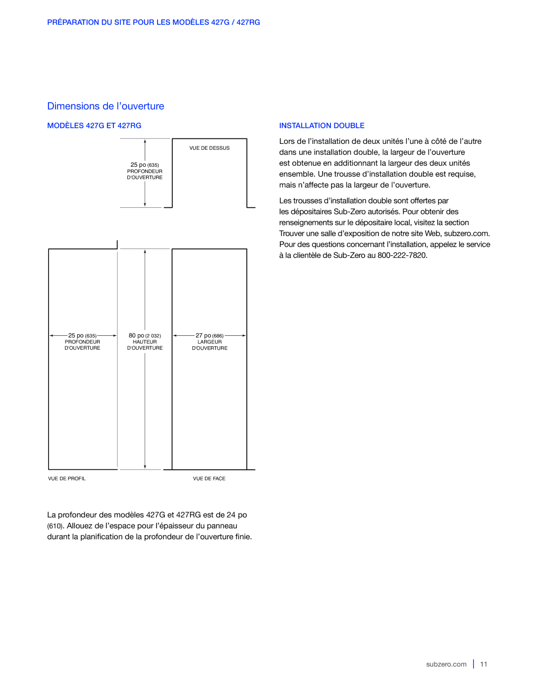 Sub-Zero 424G / 424FSG, WS-30 manual Préparation DU Site Pour LES Modèles 427G / 427RG, Modèles 427G ET 427RG 
