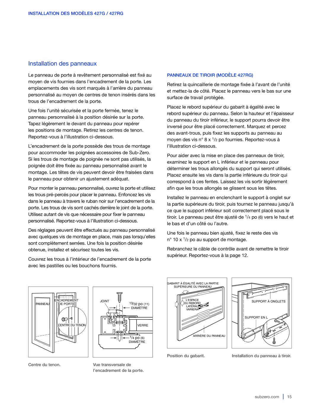 Sub-Zero WS-30, 427G / 427RG, 424G / 424FSG manual Installation des panneaux, Panneaux DE Tiroir Modèle 427RG 