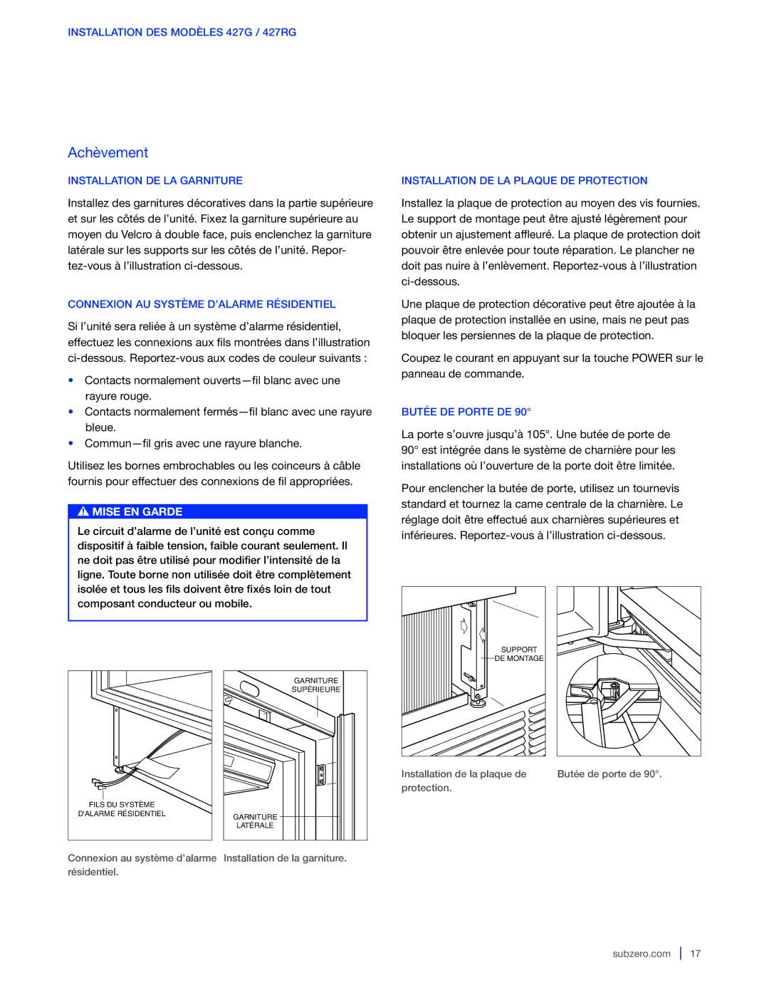 Sub-Zero 424G / 424FSG, WS-30, 427G / 427RG manual Installation DE LA Garniture, Butée DE Porte DE 