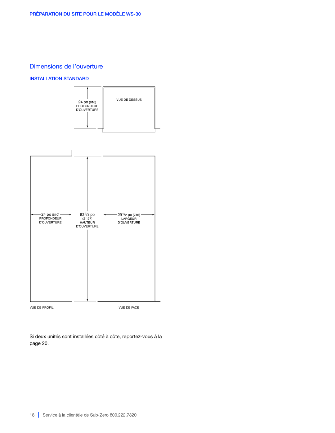 Sub-Zero 427G / 427RG, 424G / 424FSG manual Préparation DU Site Pour LE Modèle WS-30, Installation Standard 