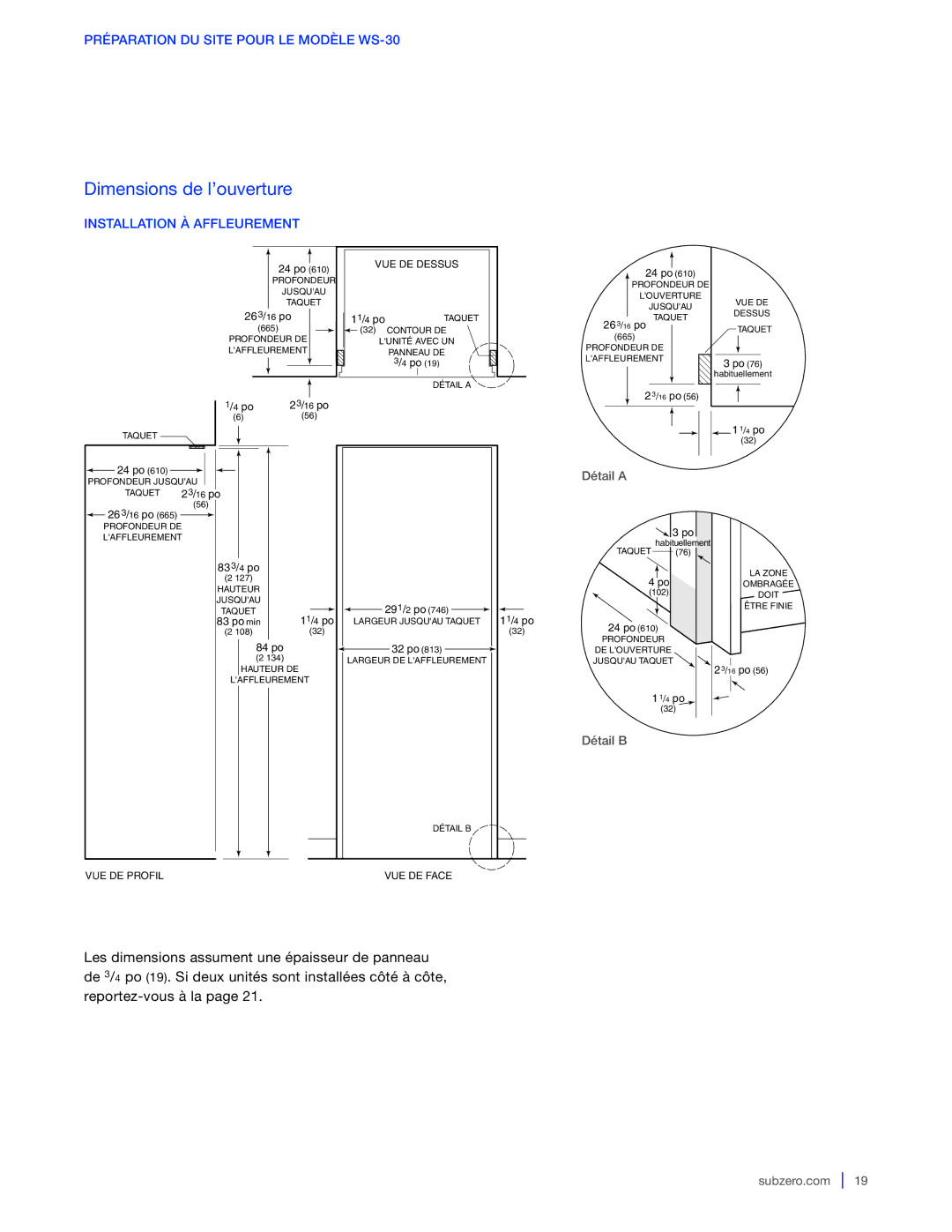 Sub-Zero 427G / 427RG, WS-30, 424G / 424FSG manual Installation À Affleurement, 263/16 po 