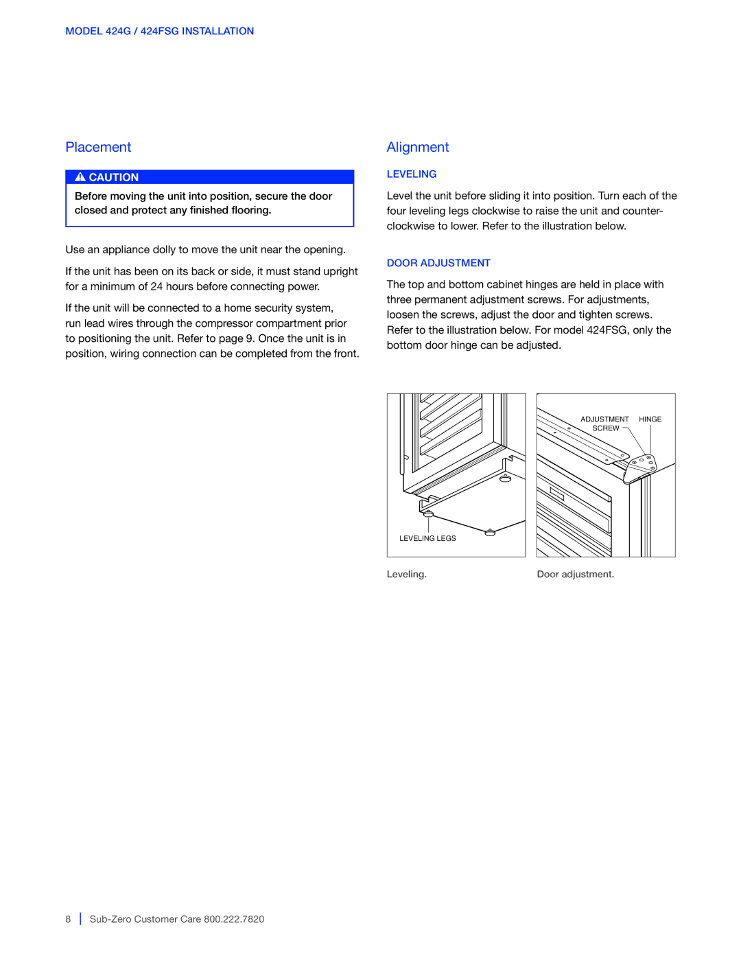 Sub-Zero 424G / 424FSG, WS-30, 427G / 427RG manual Placement, Alignment, Leveling, Door Adjustment 