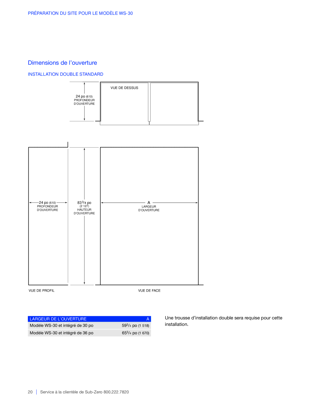 Sub-Zero 424G / 424FSG, WS-30, 427G / 427RG manual Installation Double Standard, Largeur DE L’OUVERTURE 