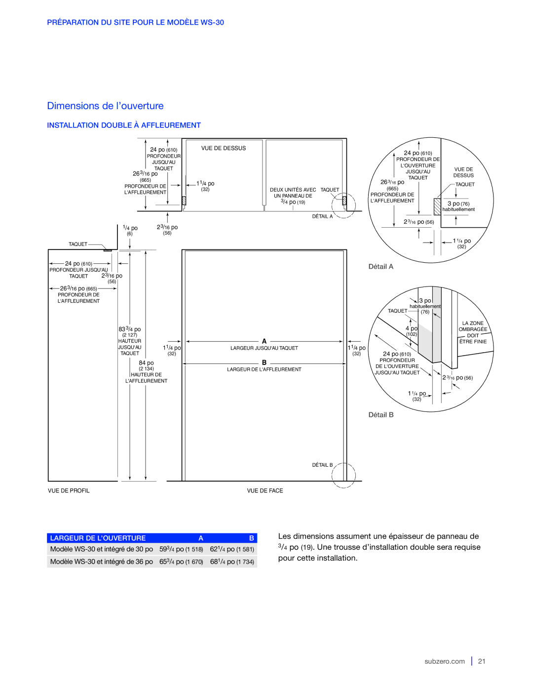 Sub-Zero WS-30, 427G / 427RG, 424G / 424FSG manual Installation Double À Affleurement, 4 po 26 3 / 16 po 