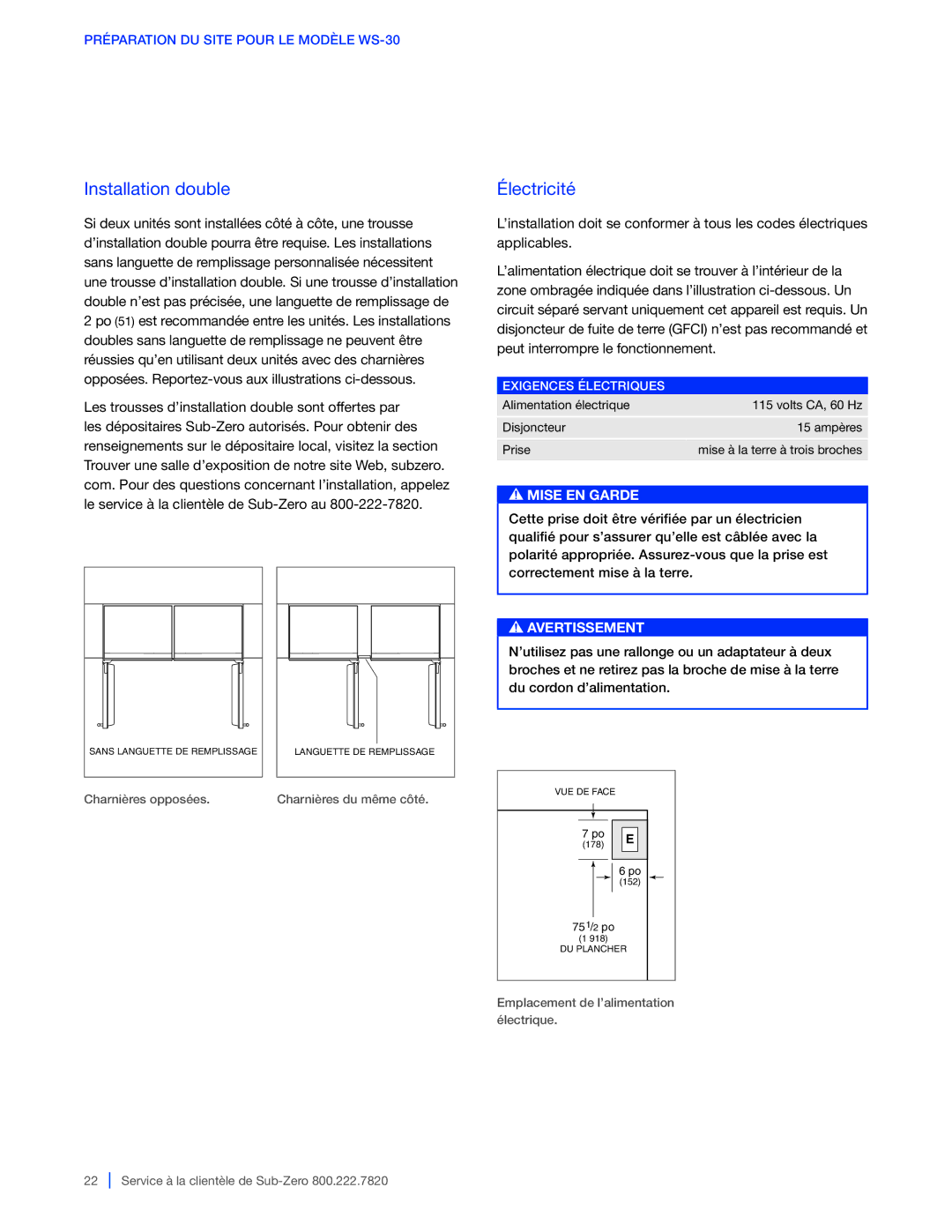 Sub-Zero 427G / 427RG, WS-30, 424G / 424FSG manual Installation double, Électricité 