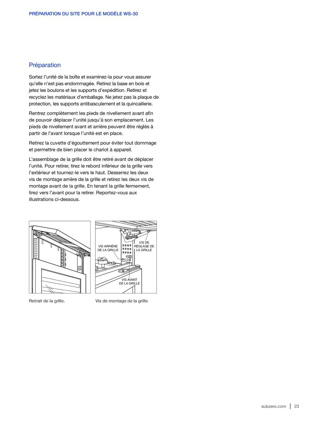 Sub-Zero 424G / 424FSG, WS-30, 427G / 427RG manual Retrait de la grille Vis de montage de la grille Subzero.com 