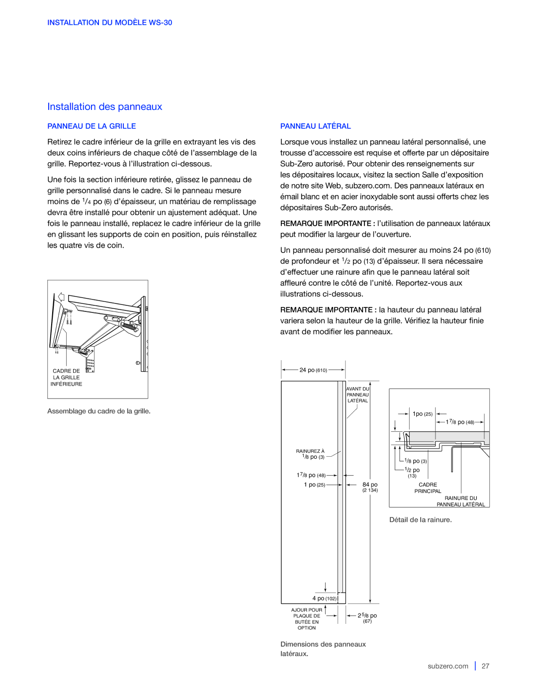 Sub-Zero WS-30, 427G / 427RG, 424G / 424FSG manual Panneau DE LA Grille, Panneau Latéral 