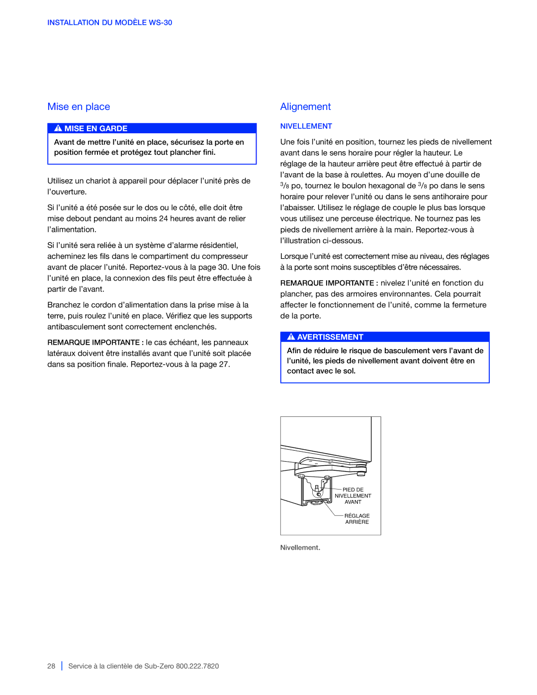 Sub-Zero 427G / 427RG, WS-30, 424G / 424FSG manual Nivellement Service à la clientèle de Sub-Zero 