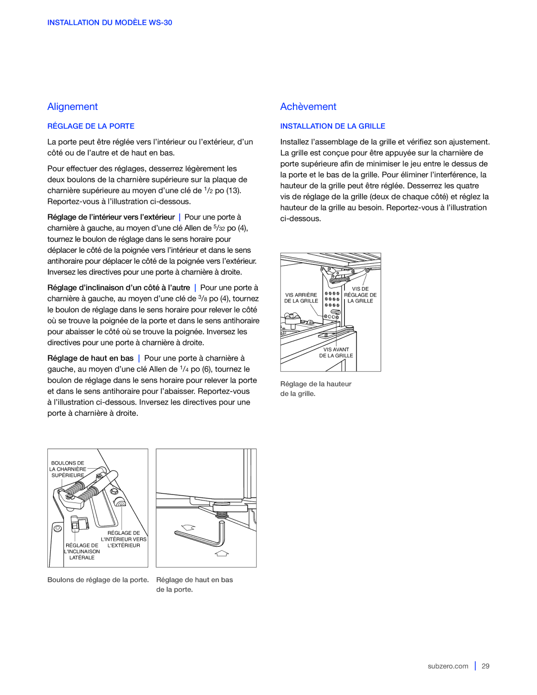 Sub-Zero 424G / 424FSG, WS-30, 427G / 427RG manual Installation DE LA Grille, Réglage de la hauteur de la grille 