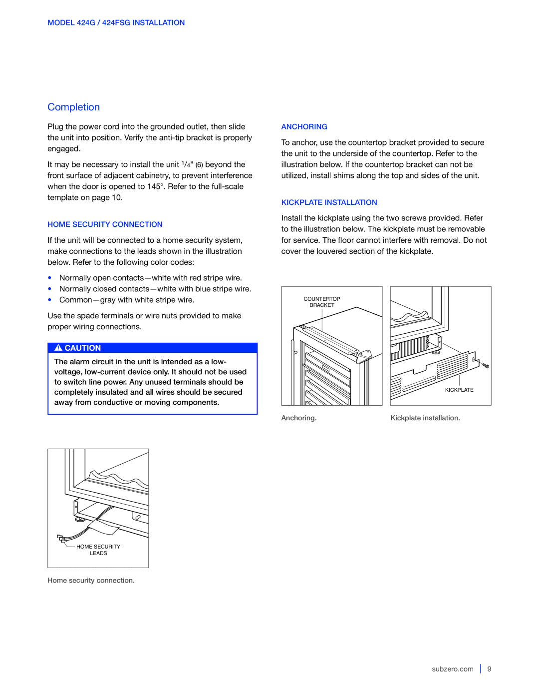 Sub-Zero WS-30, 427G / 427RG, 424G / 424FSG manual Completion, Home Security Connection, Anchoring, Kickplate Installation 