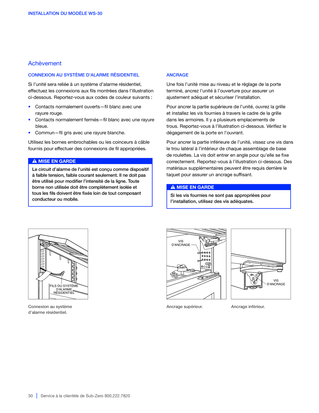 Sub-Zero WS-30, 427G / 427RG, 424G / 424FSG manual Ancrage supérieur 