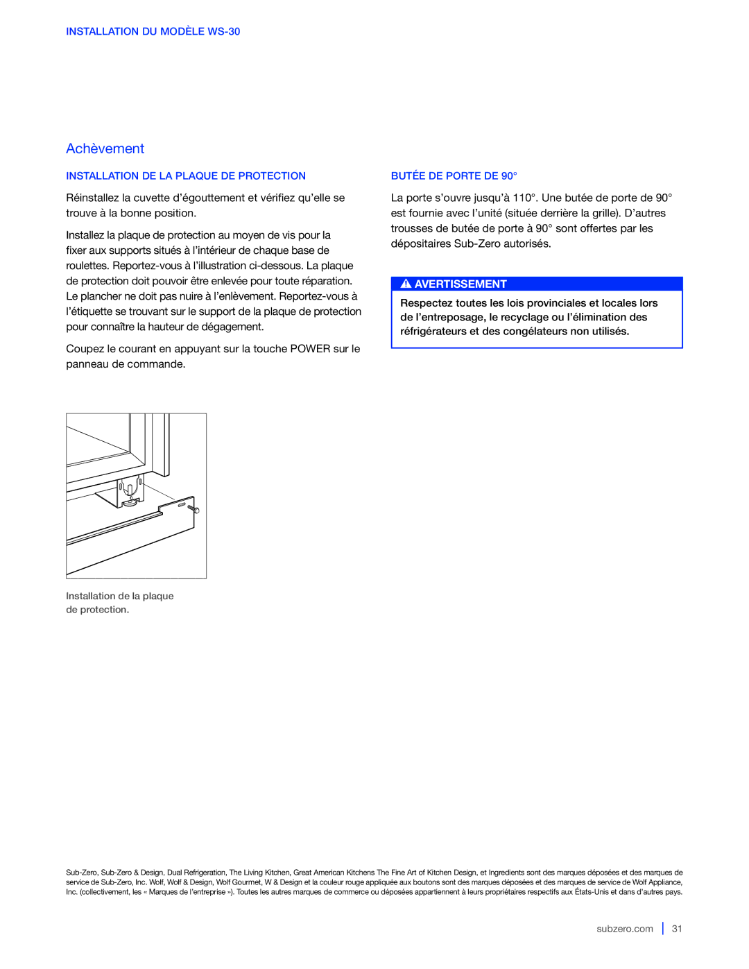 Sub-Zero 427G / 427RG, WS-30, 424G / 424FSG manual Installation de la plaque de protection 