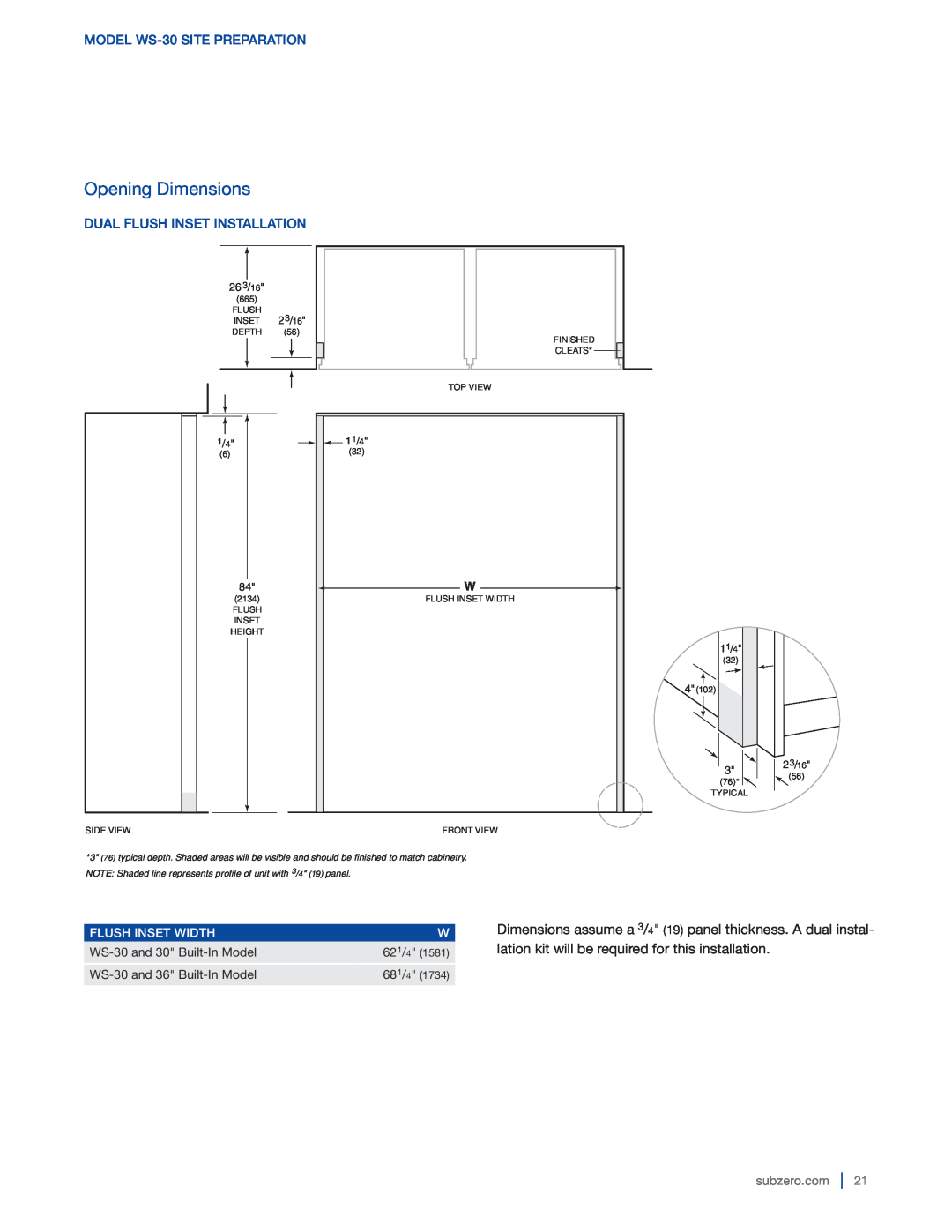 Sub-Zero manual Opening Dimensions, MODEL WS-30SITE PREPARATION, Dual Flush Inset Installation, Flush Inset Width, 621/4 